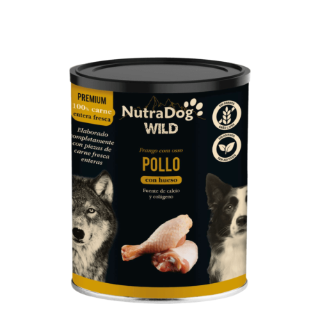 Lata de comida húmeda NutraDog Wild Premium Pollo con Hueso, fuente de calcio y colágeno, sin grano.