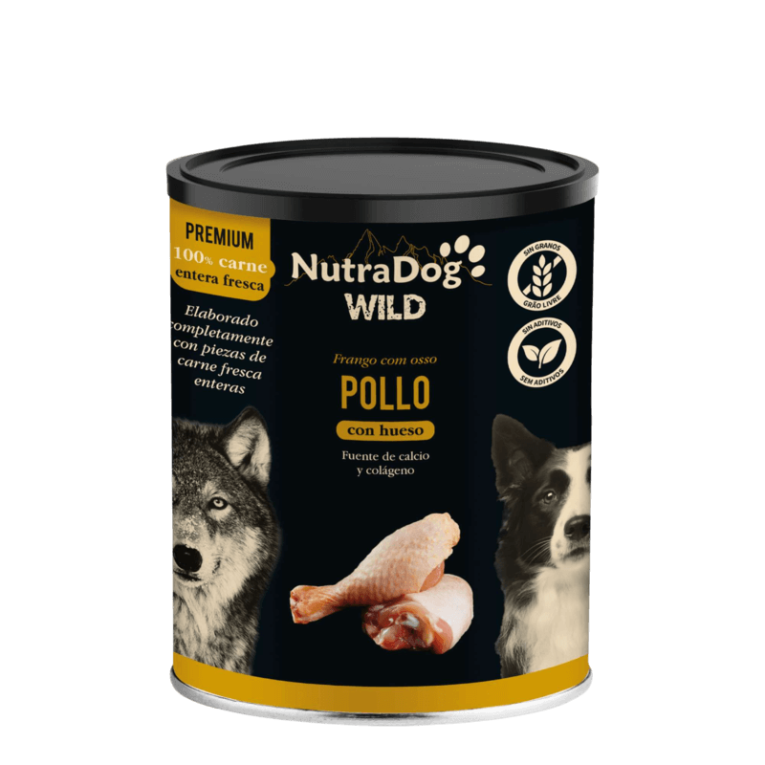 Lata de comida húmeda NutraDog Wild Premium Pollo con Hueso, fuente de calcio y colágeno, sin grano.