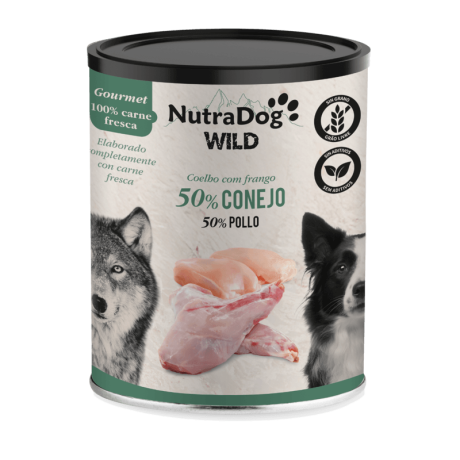 Lata de comida húmeda NutraDog Wild Gourmet 50% Conejo y 50% Pollo, 100% carne fresca muscular, sin grano.