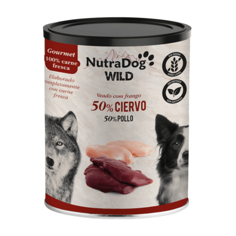Lata de comida húmeda NutraDog Wild Gourmet 50% Ciervo y 50% Pollo, 100% carne fresca, sin grano ni aditivos.
