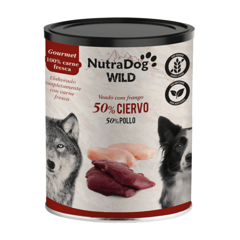 Lata de comida húmeda NutraDog Wild Gourmet 50% Ciervo y 50% Pollo, 100% carne fresca, sin grano ni aditivos.