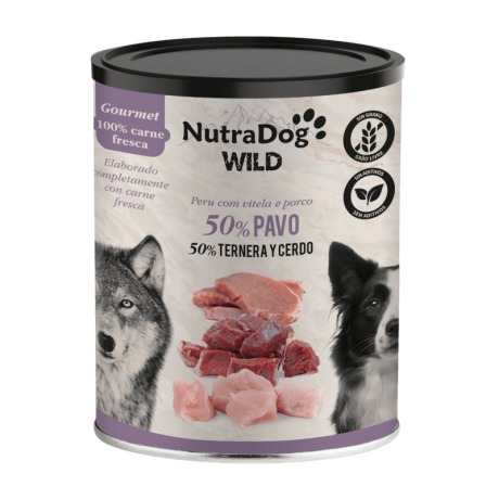 Lata de comida húmeda NutraDog Wild Gourmet 50% Pavo y 50% Ternera/Cerdo, 100% carne fresca, Grain Free.