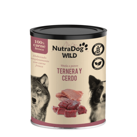 Lata de comida húmeda NutraDog Wild de Ternera y Cerdo, 100% carne fresca, sin grano (Grain Free).