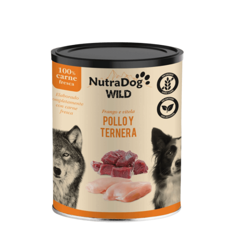 Lata de comida húmeda NutraDog Wild de Pollo y Ternera, 100% carne fresca, sin grano (Grain Free).