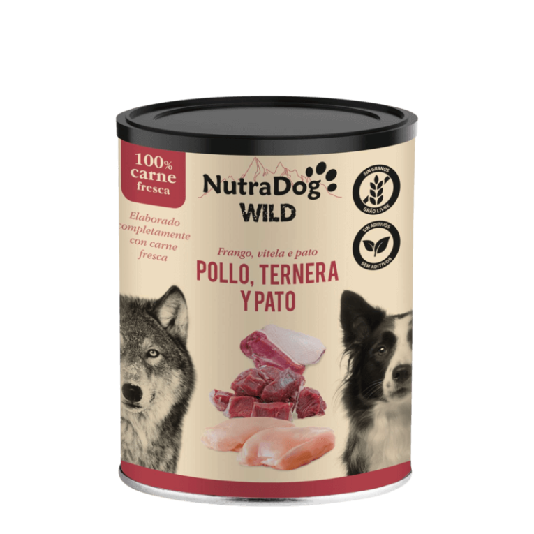 Lata de comida húmeda NutraDog Wild de Pollo, Ternera y Pato, 100% carne fresca, sin cereales.