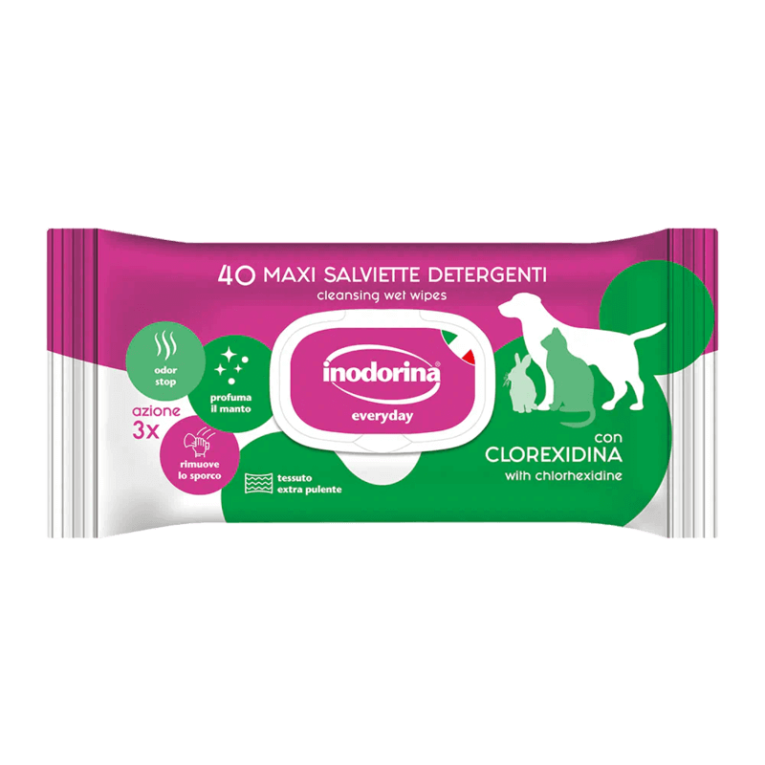 Toallitas húmedas Inodorina Maxi con Clorhexidina, 40 unidades, antibacterianas y desodorantes para perros y gatos.