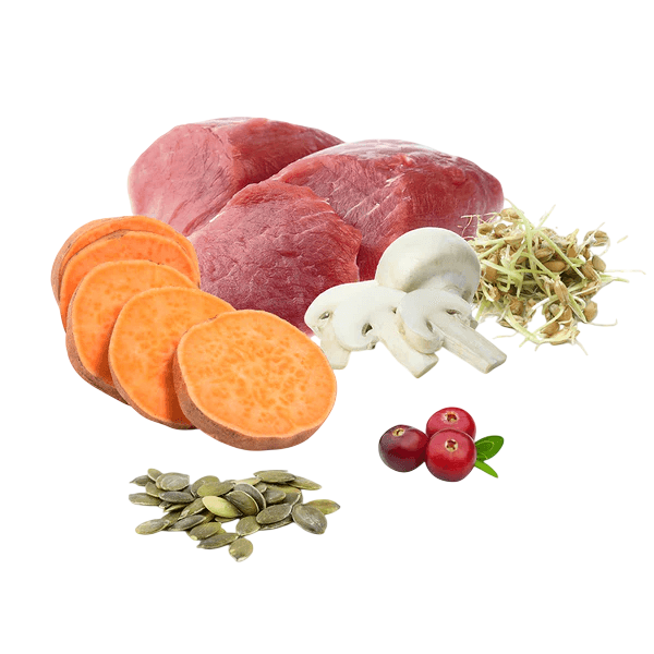 Envase de comida cocinada Puromenu Menu Ibérico Royale para perros. Dieta a base de cerdo ibérico y jabalí, ingredientes naturales de alta palatabilidad. Formatos 400g y 800g.