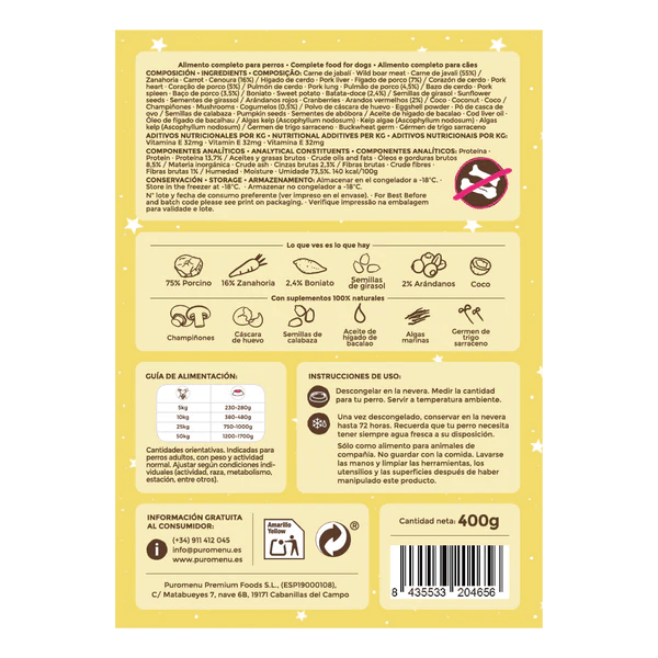 Etiqueta de ingredientes de Puromenu Ibérico Royale para perros. Alimento completo con 75% de porcino, jabalí, cerdo, arándanos, y suplementos 100% naturales.
