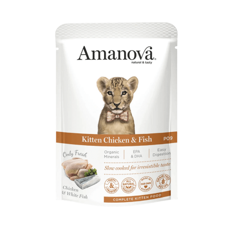 Pouch de comida húmeda Amanova Kitten sabor Pollo y Pescado Blanco. Alimento completo para gatitos, Slow Cooked, Grain Free, rico en EPA y DHA.