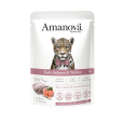 Pouch de comida húmeda Amanova Tasty Salmon & Turkey para gatos adultos. Alimento completo Sin Grano (Grain-Free), cocinado a fuego lento, con minerales orgánicos.