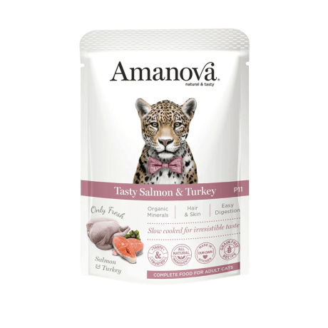 Pouch de comida húmeda Amanova Tasty Salmon & Turkey para gatos adultos. Alimento completo Sin Grano (Grain-Free), cocinado a fuego lento, con minerales orgánicos.