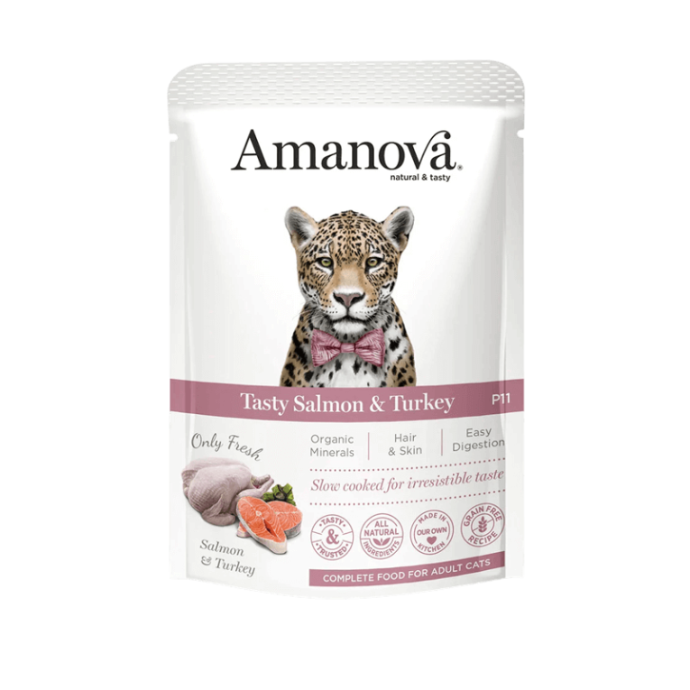 Pouch de comida húmeda Amanova Tasty Salmon & Turkey para gatos adultos. Alimento completo Sin Grano (Grain-Free), cocinado a fuego lento, con minerales orgánicos.