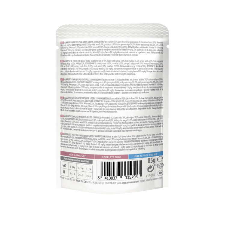 Etiqueta trasera del pouch de Amanova para gatos adultos sabor Salmón y Pavo. Alimento completo Grain-Free con un 97,5% de carne de Salmón y Pavo frescos.