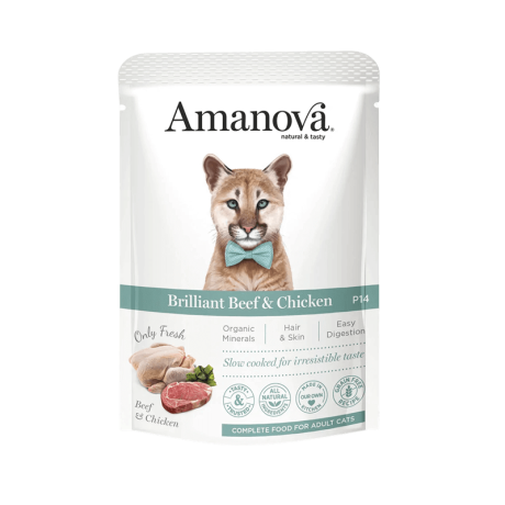 Pouch de comida húmeda Amanova Brilliant Beef & Chicken para gatos adultos. Alimento Slow Cooked Sin Grano que apoya la salud de Piel y Pelo.