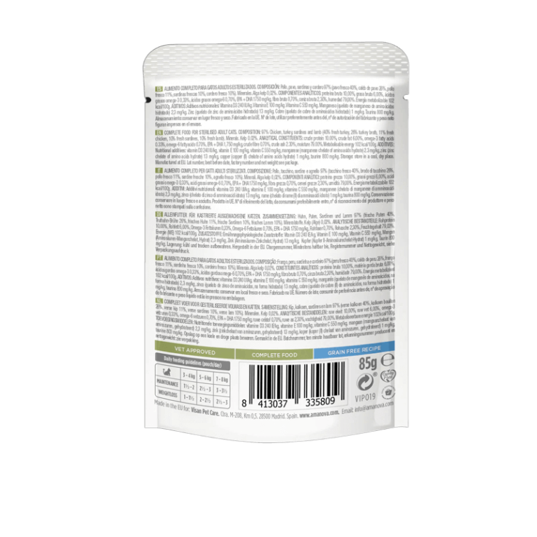 Etiqueta trasera del pouch de Amanova para gatos adultos esterilizados. Alimento completo Grain-Free con cordero, pavo y sardinas frescos.