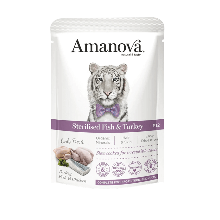 Pouch de comida húmeda Amanova Sterilised Fish & Turkey para gatos adultos. Alimento completo Sin Grano, cocinado a fuego lento, con beneficios para Piel y Pelo.