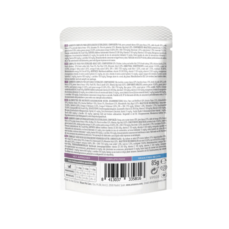 Etiqueta trasera del pouch de Amanova para gatos adultos esterilizados sabor Pavo y Pescado Blanco. Alimento completo Grain-Free con un 92% de carne y pescado blanco, ideal para el mantenimiento de peso.