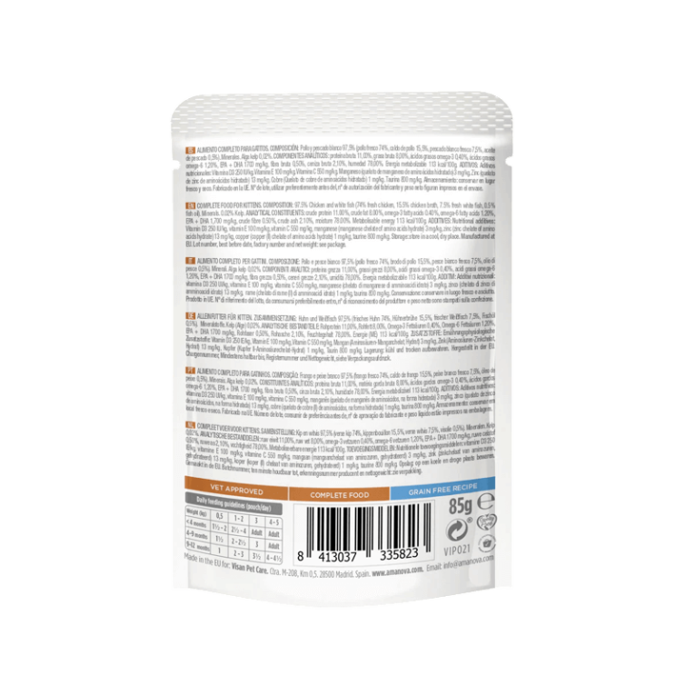 Etiqueta trasera del pouch de Amanova para gatitos sabor Pollo. Se observan la composición detallada y la certificación Grain-Free. Alimento completo para gatos en crecimiento.
