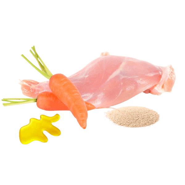 Ingredientes crudos para BARF Gato Conejo Monoproteico. Muslo de conejo, zanahorias y levadura para dieta de eliminación.