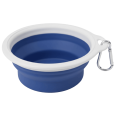 Cuenco o bebedero plegable de silicona en color azul y blanco con mosquetón para enganchar en la mochila o correa. Accesorio esencial para la hidratación de perros y gatos durante viajes y paseos largos.