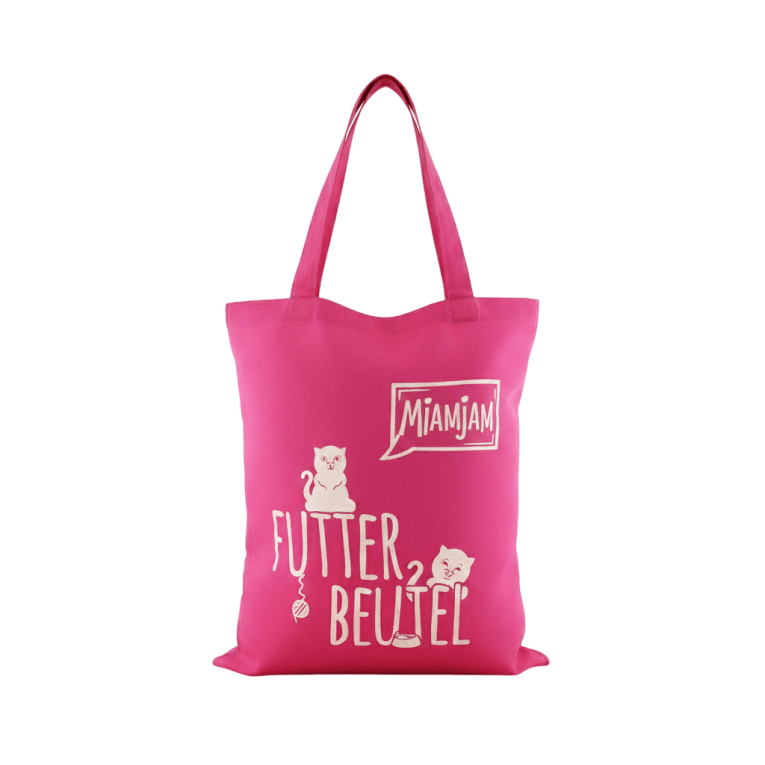 Tote bag MjAMjAM rosa con logo de la marca de comida natural para gatos y perros