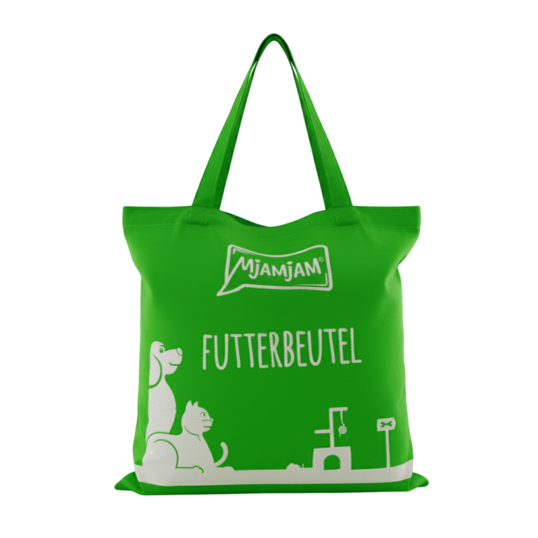 Tote bag MjAMjAM verde con logo de la marca de comida natural para gatos y perros, artículo de regalo