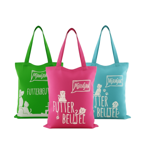 Bolsas de tela MjAMjAM colores disponibles: rosa, azul y verde. Merchandising de regalo para que el cliente elija su color favorito.