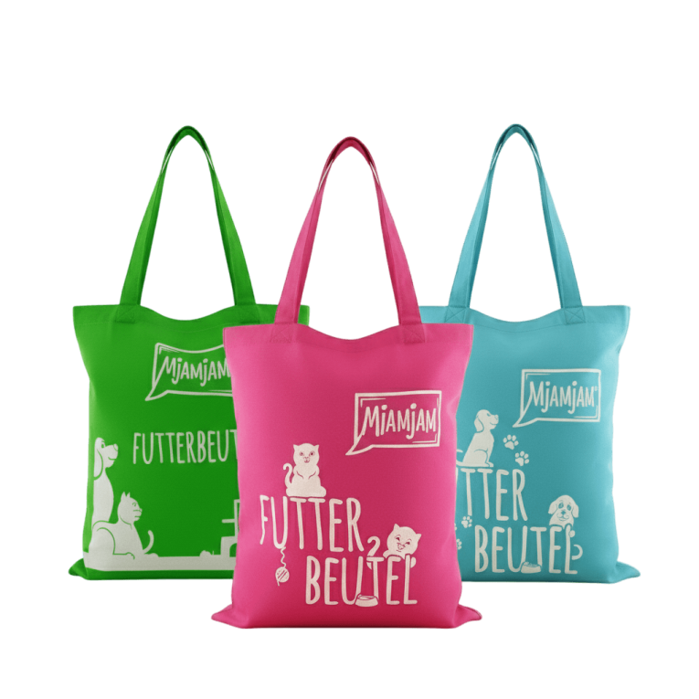 Bolsas de tela MjAMjAM colores disponibles: rosa, azul y verde. Merchandising de regalo para que el cliente elija su color favorito.