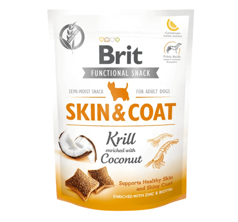 Snack Brit Care Skin & Coat de camarón y coco, sin cereales, para perros con piel sensible y pelaje opaco.