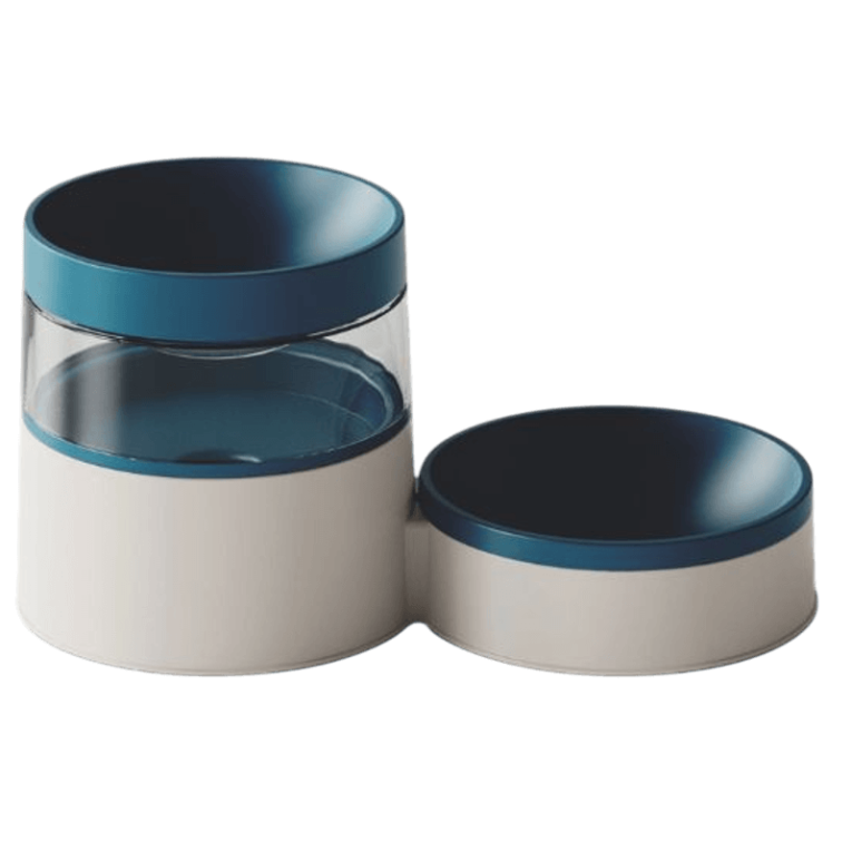 Dispensador de agua y comedero Bubimex 800ml, automático, en color azul y blanco, para perros y gatos.