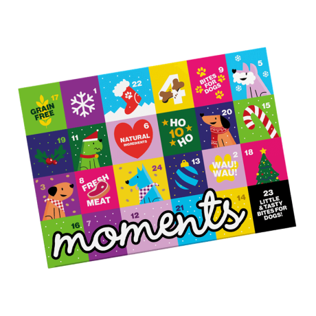 Calendario de Adviento Moments para perros, con 24 snacks y chuches de Navidad, sin cereales (Grain Free)
