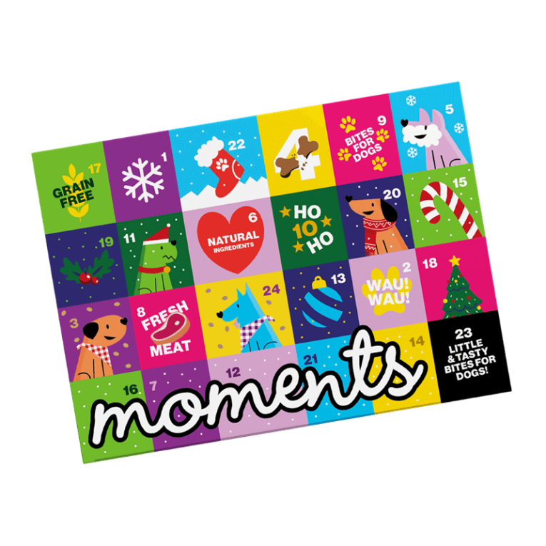 Calendario de Adviento Moments para perros, con 24 snacks y chuches de Navidad, sin cereales (Grain Free)