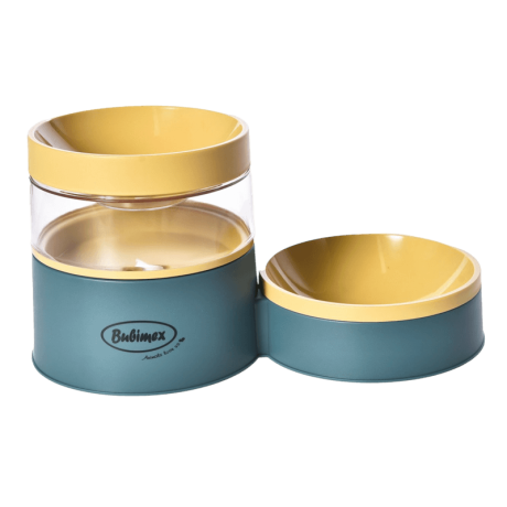 Dispensador Agua Comedero Perro y gato Bubimax 2 en 1 (0,8L). Color azul y amarillo, doble recipiente.