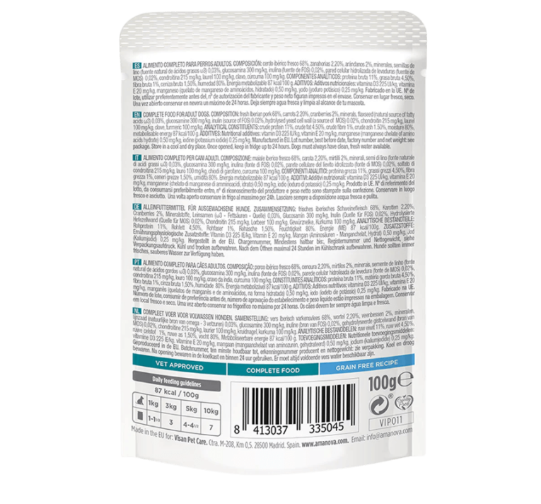 Etiqueta trasera con la dosificación y composición de cerdo ibérico sin cereales