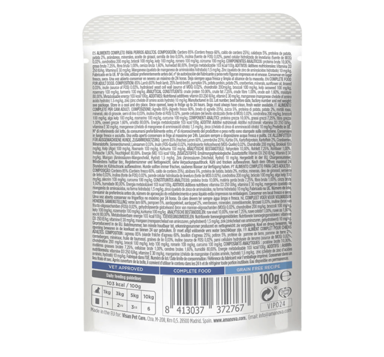 Etiqueta trasera con la composición del paté de cordero sin cereales para alergias