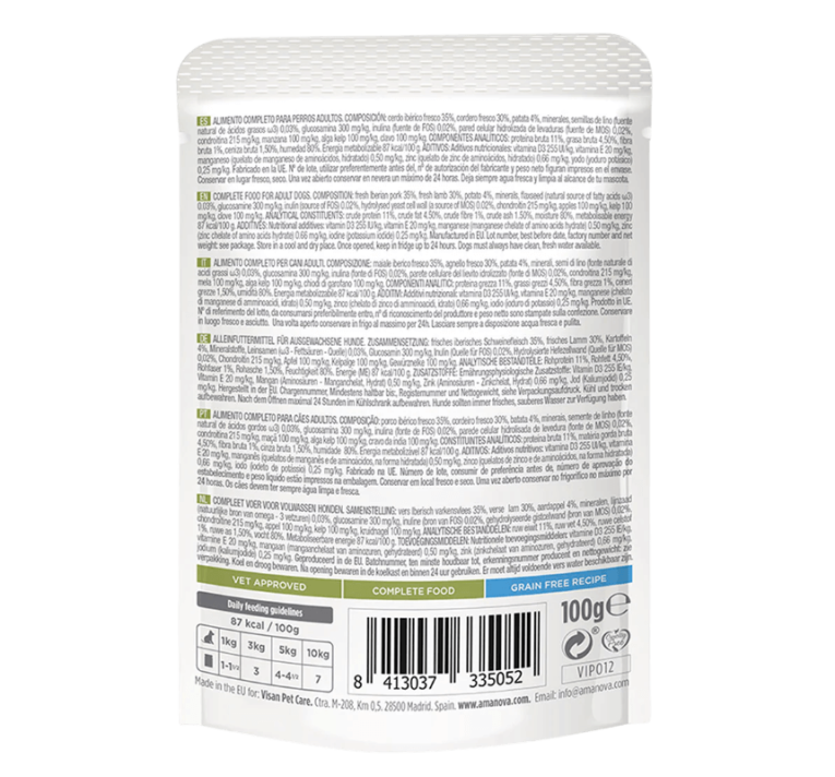 Etiqueta trasera con ingredientes de cerdo ibérico y cordero fresco para dieta sin cereales