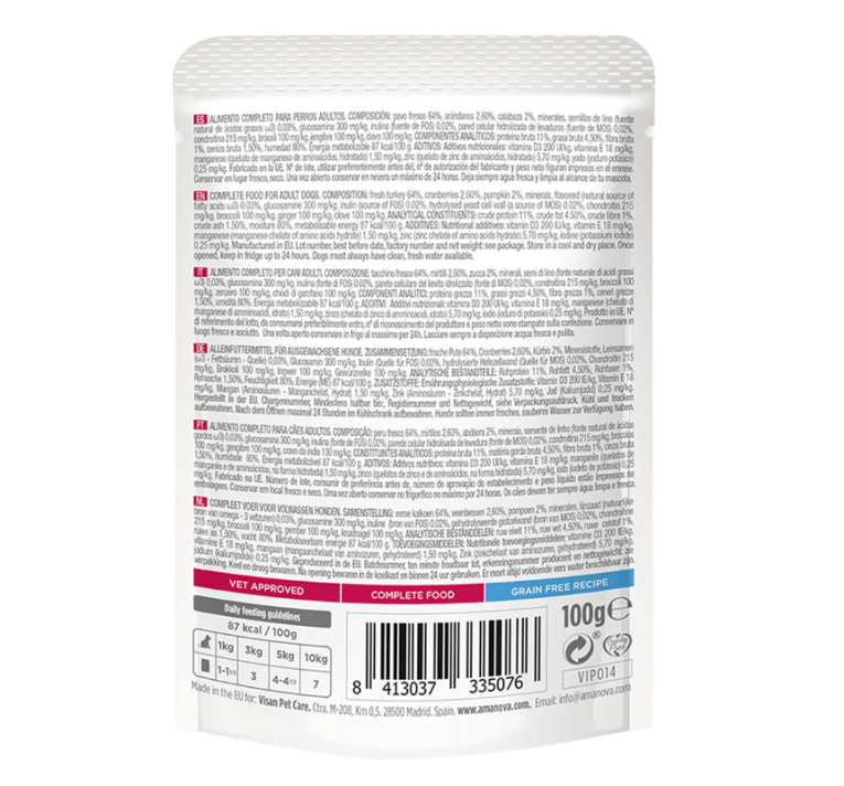 Etiqueta trasera con la composición y dosificación de comida húmeda de pavo 300gr