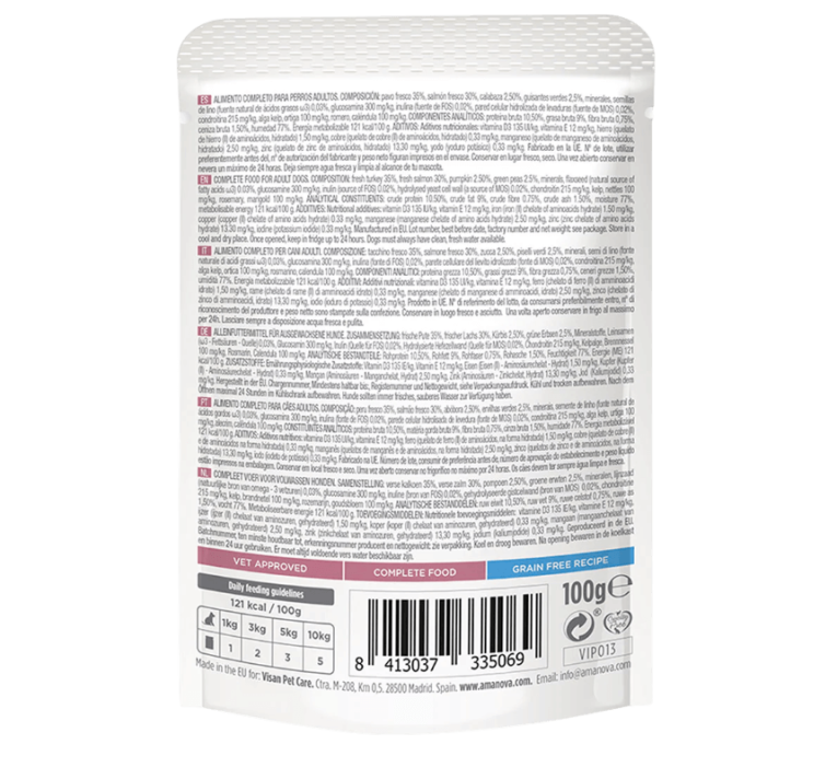 Etiqueta trasera con la dosificación y composición de salmón y pavo fresco hipoalergénico