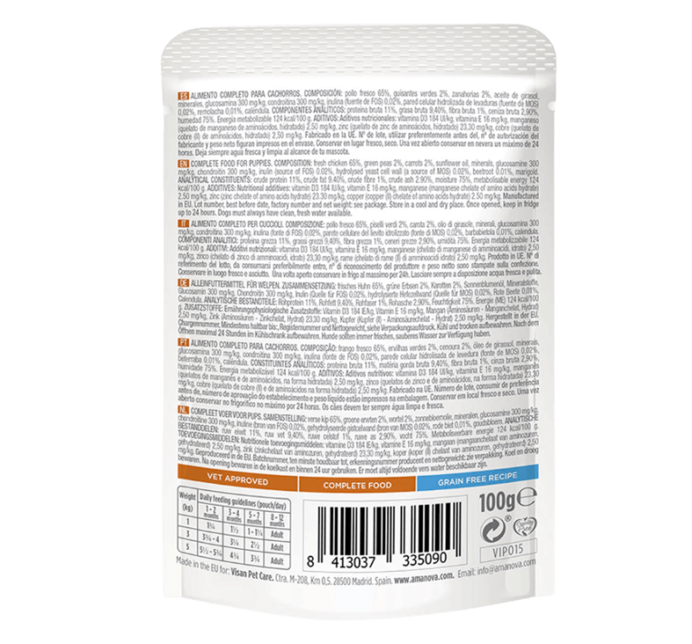 Etiqueta trasera con la composición nutricional del paté de pollo para el desarrollo del cachorro