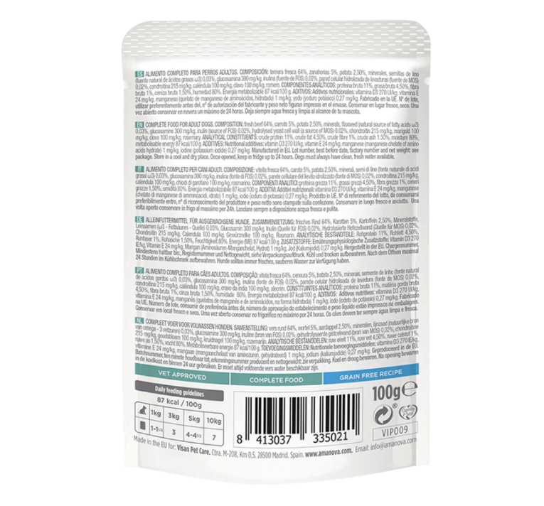 Información nutricional del sobre de paté de ternera para perros sin gluten