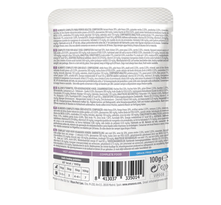 Etiqueta trasera con la composición analítica y la dosificación de paté de ternera y pollo