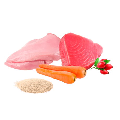 Ingredientes frescos para Puromenu Menú Lluvia de Miaus: pavo, atún, zanahoria, escaramujo y levadura para gatos