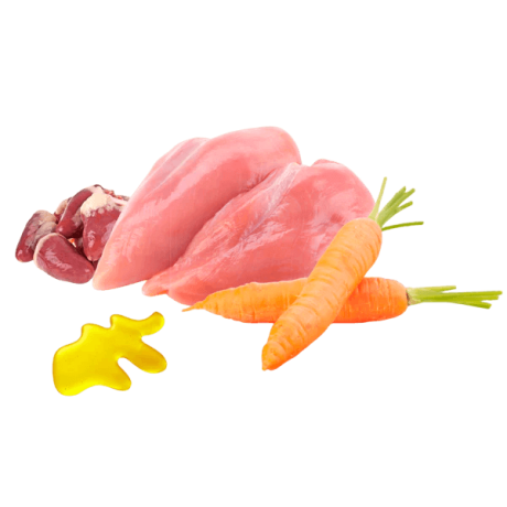 Ingredientes frescos para Puromenu Menú Momento de Ternura: pollo, corazones, zanahoria y aceite para dieta Barf