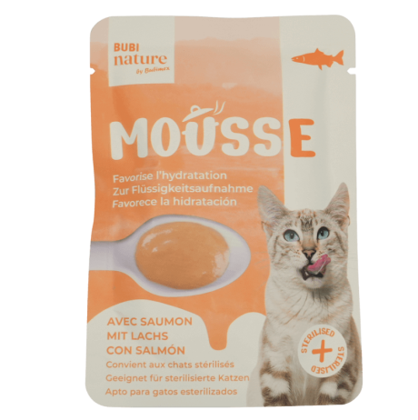 Mousse Gato Salmón Pollo (50gr). Pouch de Bubi Nature con salmón para hidratación y gatos esterilizados.