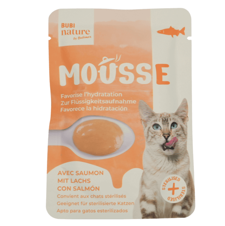 Mousse Gato Salmón Pollo (50gr). Pouch de Bubi Nature con salmón para hidratación y gatos esterilizados.