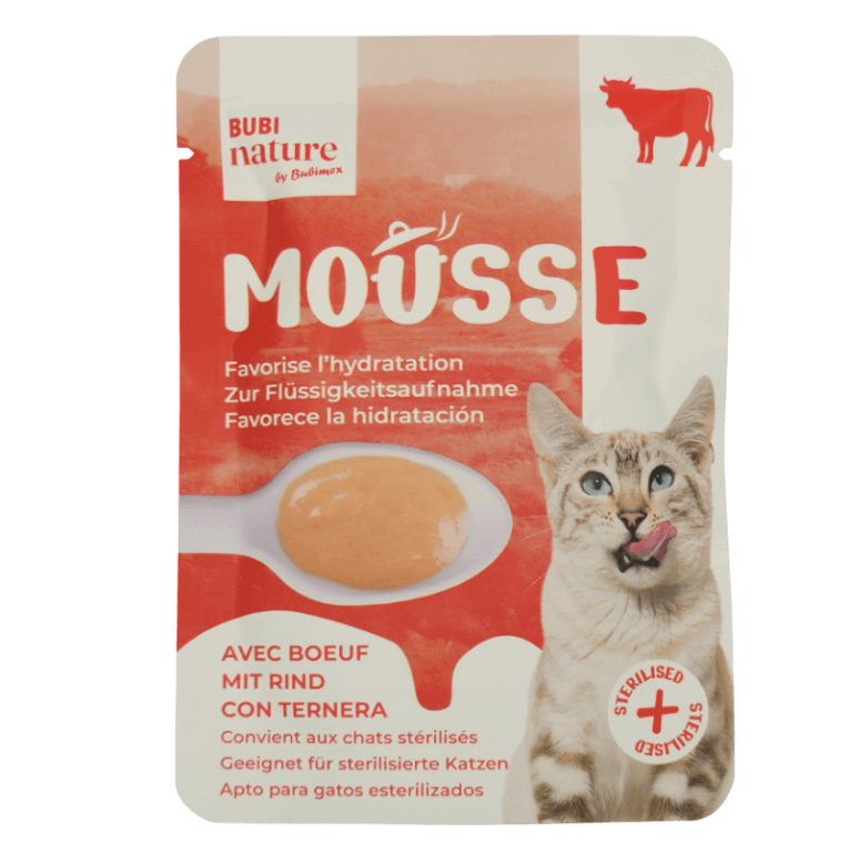 Mousse Gato Ternera Pollo (50gr). Alimento cremoso de Bubi Nature para hidratación y gatos esterilizados.