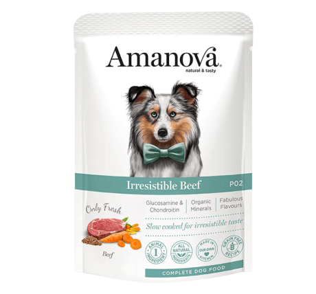 Paté Amanova Ternera Perro en bolsa. Alimento húmedo monoproteico Irresistible Beef.