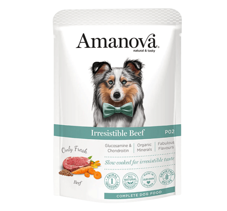 Paté Amanova Ternera Perro en bolsa. Alimento húmedo monoproteico Irresistible Beef.