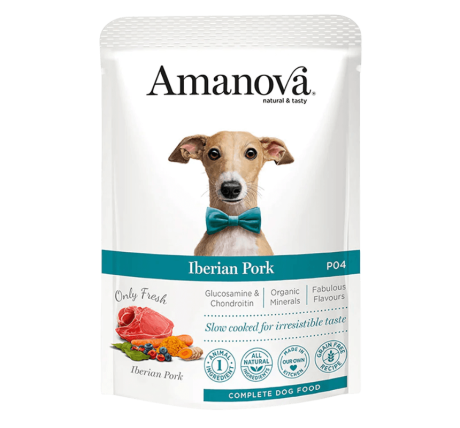 Paté Cerdo Ibérico Monoproteico Amanova. Envase con Galgo/Podenco con pajarita.