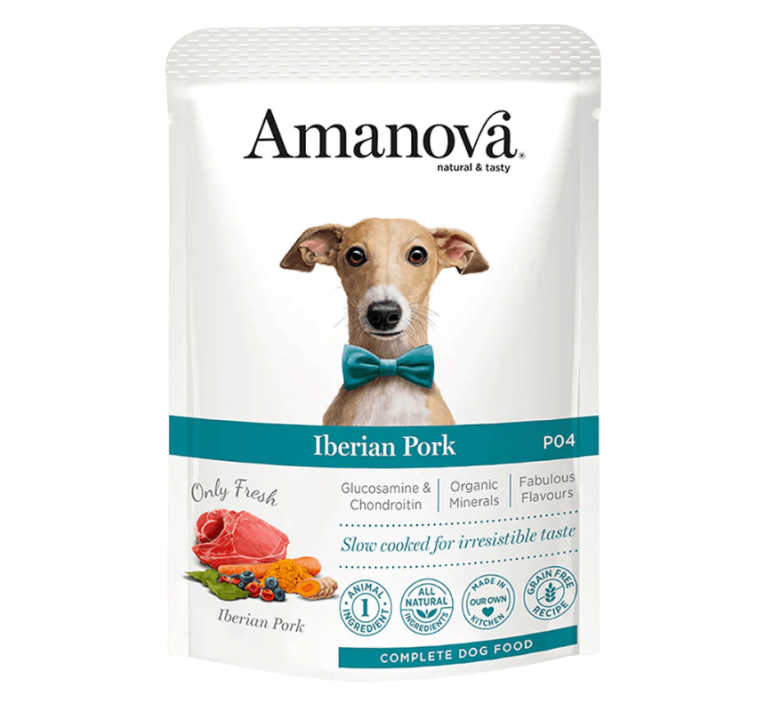 Paté Cerdo Ibérico Monoproteico Amanova. Envase con Galgo/Podenco con pajarita.